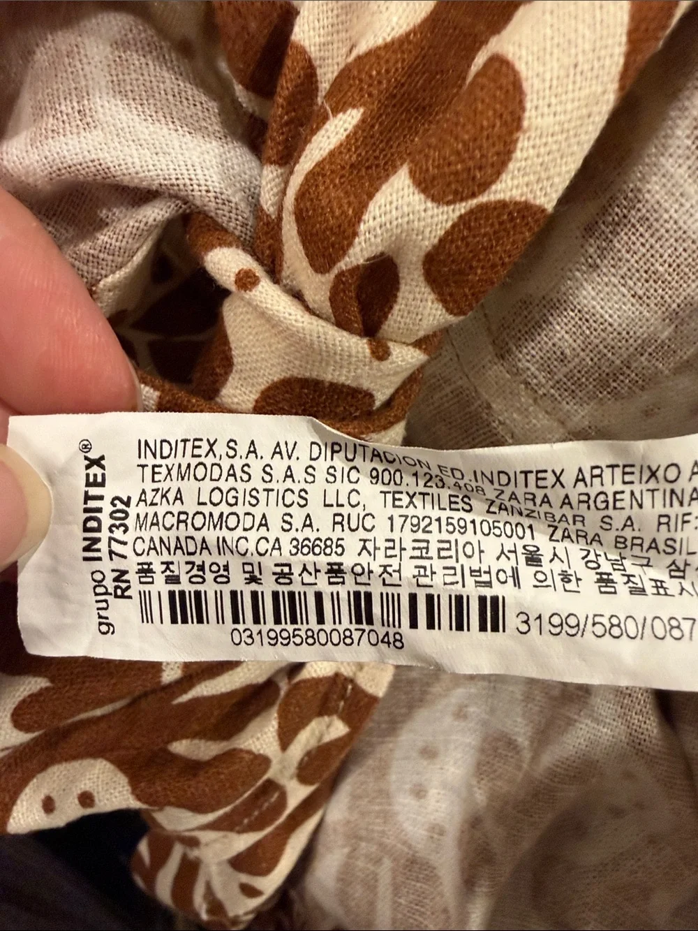 ZARA Aztec Sz L Brown Printed Linen Blend Short-Sleeve Button-Down Tie Waist Top
